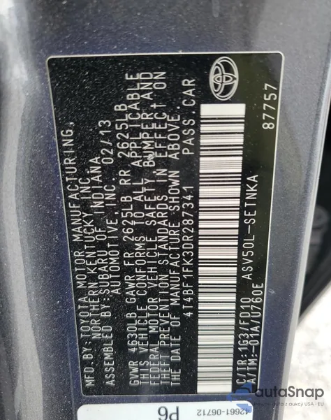 2013 Toyota Camry L from USA, damaged, VIN 4T4BF1FK3DR287341
